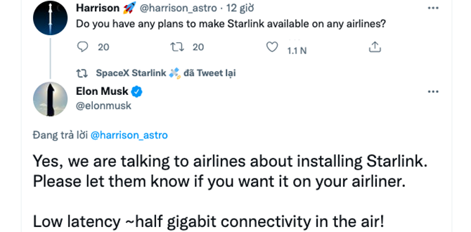 Elon Musk nhắc đến việc hợp tác với các hãng hàng không về Starlink trên Twitter